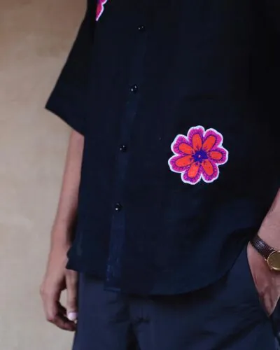 Hand Embroidered Eclipse Patch Linen Shirt-M