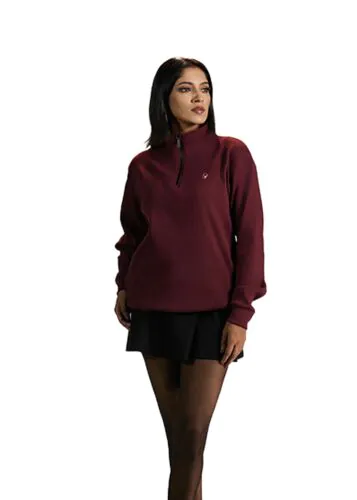 Maroon Ribbed Zipper High Neck-L