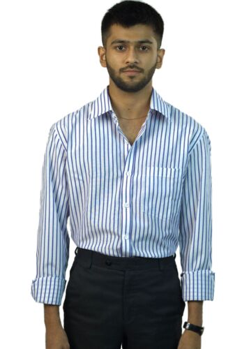 ADAM Essential Regular-Fit Formal Shirt with Elegant White and Blue Stripes
