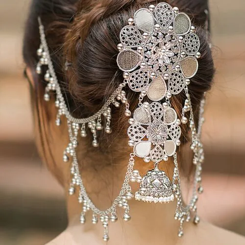 Floral Elegance: Silver Khopar Kata Hairpiece