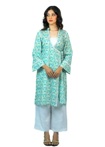 Elegant HAYA Printed White 2 Piece Set with Delicate Lace Detailing-L