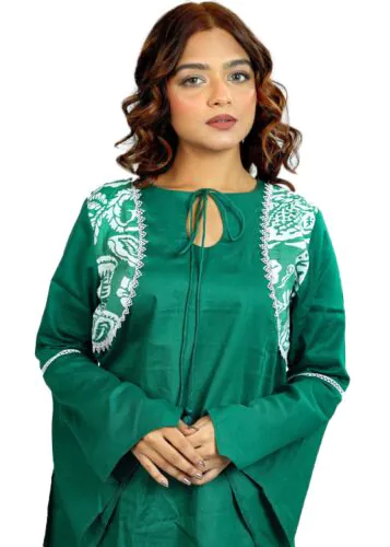 ISRA 2-Piece Green Kameez with Stylish Printed Pants-XL
