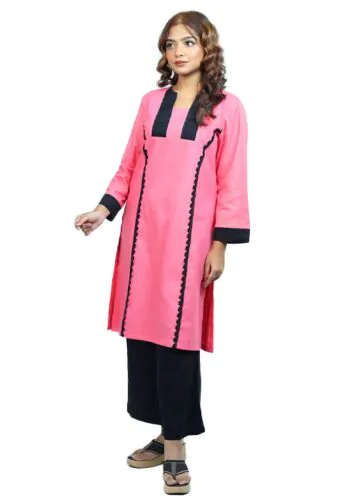 MISBA 2-Piece Set: Soft Pink Kameez with Lace Detailing and Chic Black Pants-XL