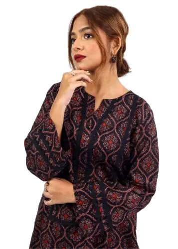 NOOR Black Printed Cotton Set Featuring Stunning Lace Detailing for a Perfect Fit-M