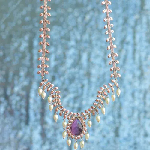 Royal Amethyst: Pearl & Gold Leaf Necklace