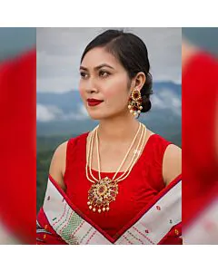 Pearl and Ruby Blossom Long Necklace Set