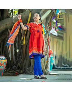Rang Bang: Vibrant Fiesta Girl's Cotton Stitched Dress
