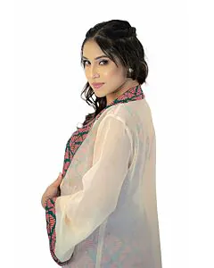 NICOLE Coral Pink Line Printed Blouse and Pant With Soft Organza Over Coat Set (3 Piece)