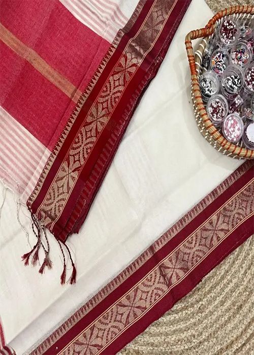 Off White Cotton Saree with Red Zari Border