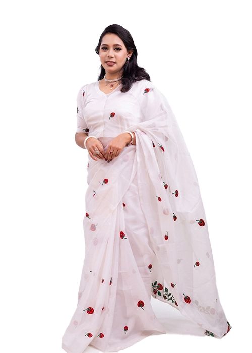 White Organza Strawberry Embroidered Saree
