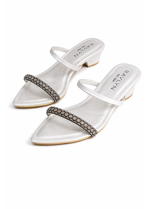 Ivory White Rhinestone Strap Low Heel Sandals
