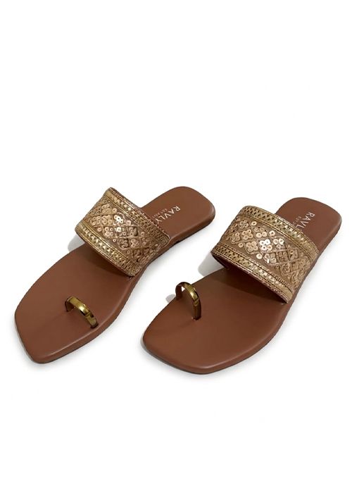 Orniva Brown Embroidered Toe Ring Flat Sandals