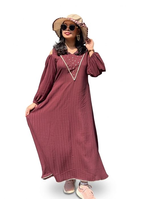Maroon Cotton Beaded Cold Shoulder Maxi Dress