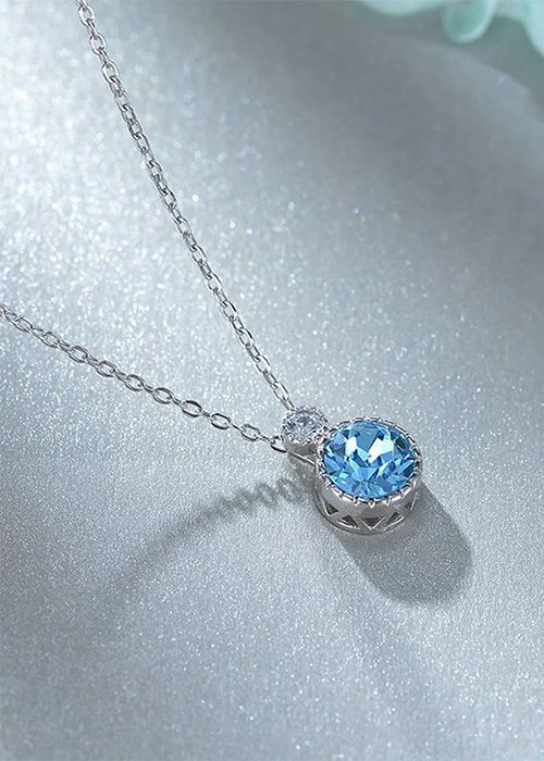 925 Sterling Silver Blue Crystal Round Pendant Necklace