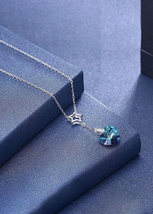 925 Sterling Silver Blue Heart Star Pendant Necklace