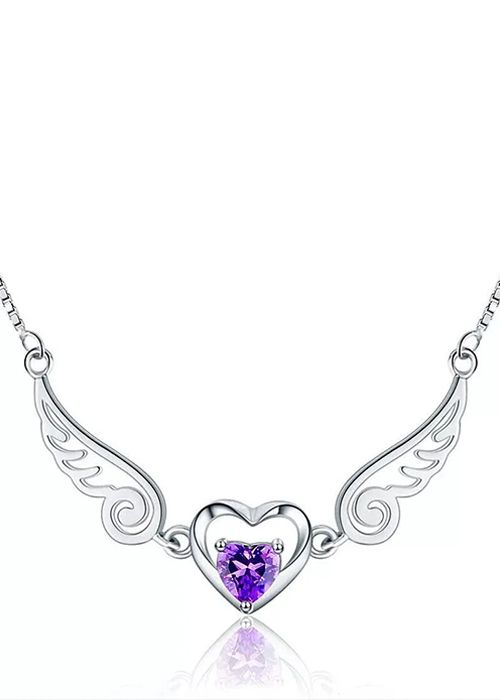 925 Sterling Silver Heart Wing Purple Crystal Pendant Necklace