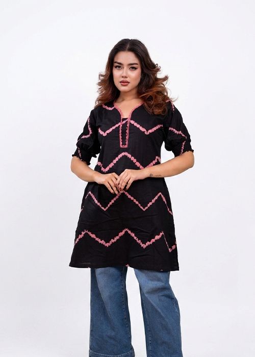 Black Printed Cotton Kurti with Zigzag Pattern