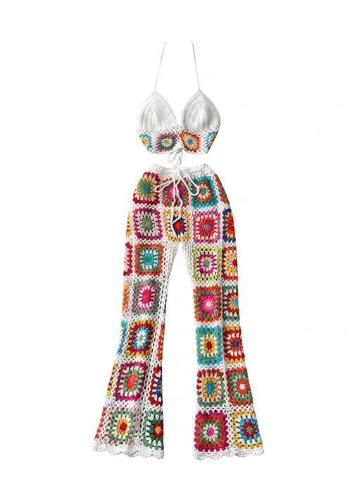Boho Crochet Halter Top & Granny Square Pants Set