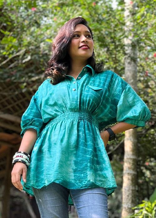 Teal Tie-Dye Cotton Smocked Waist Top