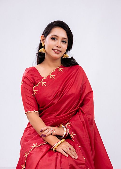 Red Silk Saree with Floral Embroidered Border