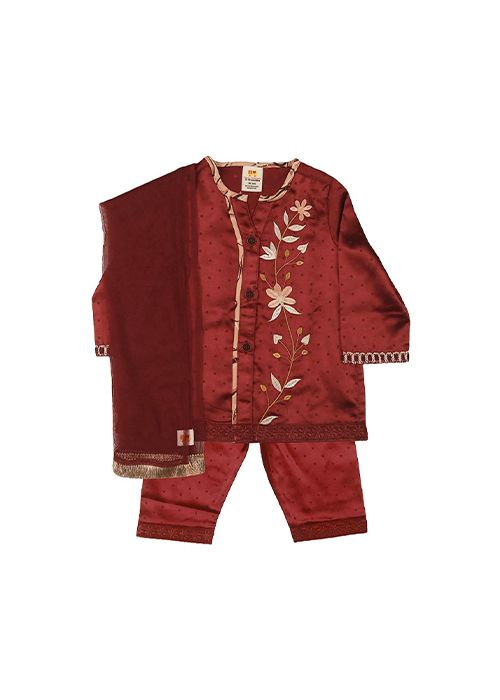 Girls Maroon Silk Embroidered Salwar Kameez Set