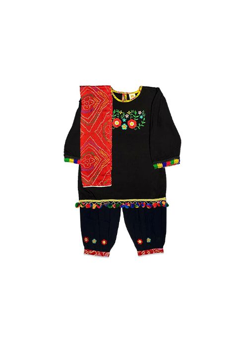 Girls Black Embroidered Viscose Salwar Kameez Set