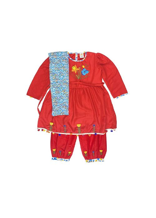 Girls Red Embroidered Swiss Cotton Salwar Kameez Set