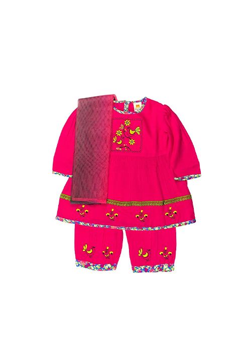Girls Pink Embroidered Viscose Salwar Kameez Set