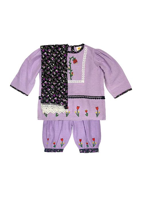 Girls Lavender Cotton Embroidered Salwar Kameez Set