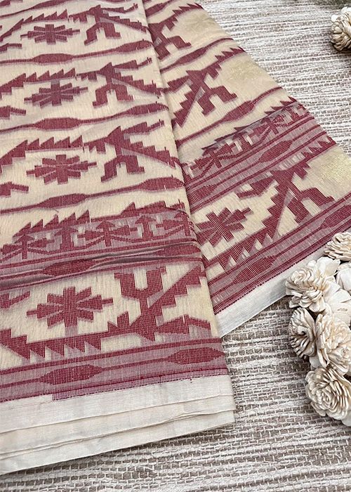 Off White Jamdani Cotton Saree with Red Motifs