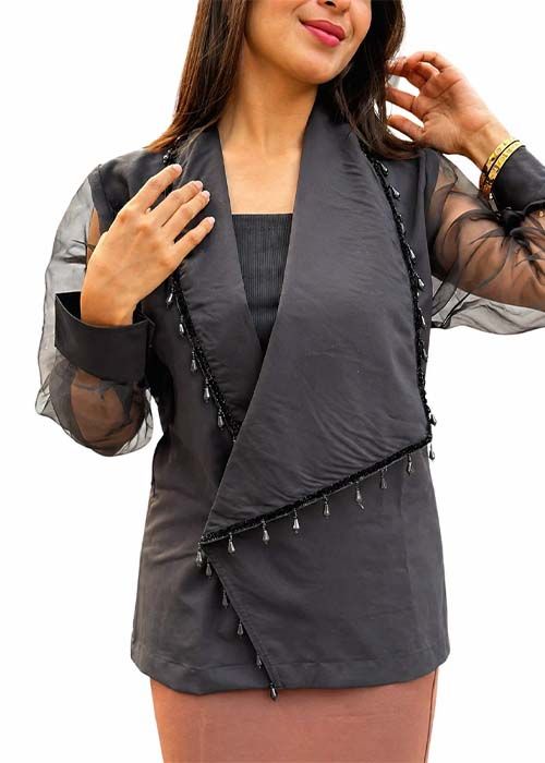Women’s Black Organza Sleeve Wrap Style Western Top