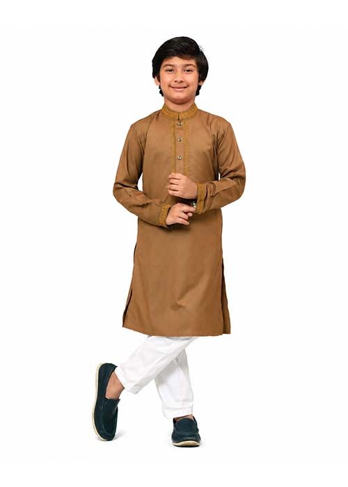 Boys Artistic Embroidered Brown Cotton Panjabi