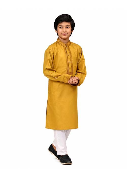 Boys Artistic Embroidered Mustard Cotton Panjabi
