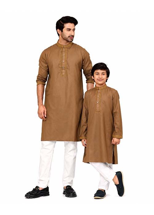 Matching Artistic Embroidered Brown Cotton Panjabi Set