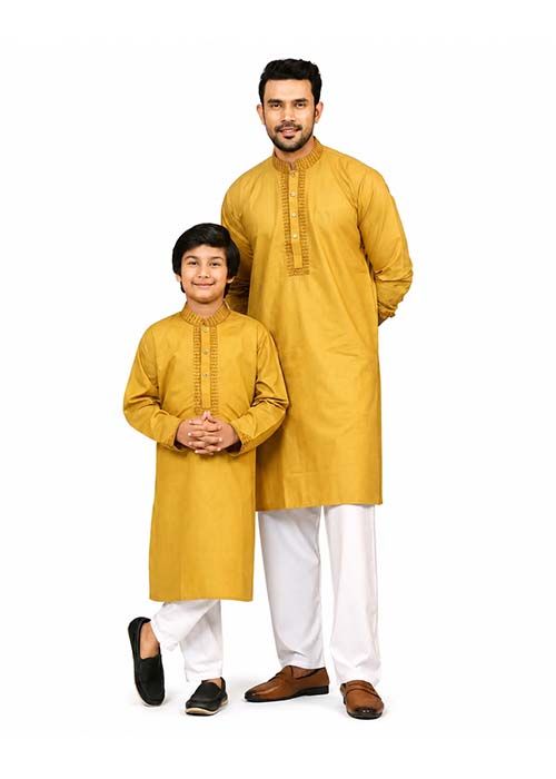 Matching Artistic Embroidered Mustard Cotton Panjabi Set