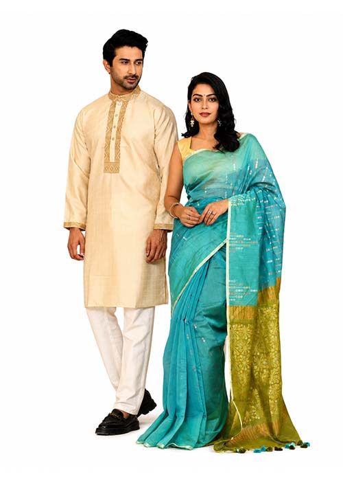 Turquoise Half Silk Saree Cream Panjabi Couple Set
