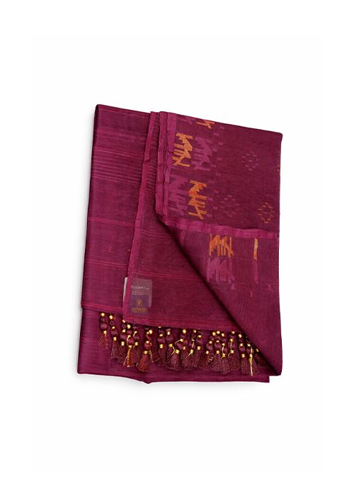 Wine Handmade Half Silk Jamdani Saree with Blouse