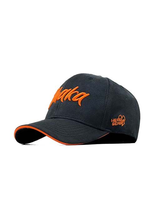 Black Cotton Baseball Cap with Orange Script Embroidery