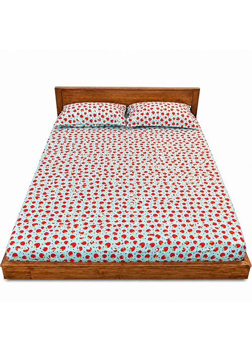 Blue Strawberry Print Cotton Bedsheet Set
