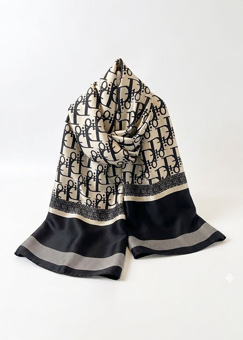 Beige Monogram Print Silk Scarf – Classic Border Wrap
