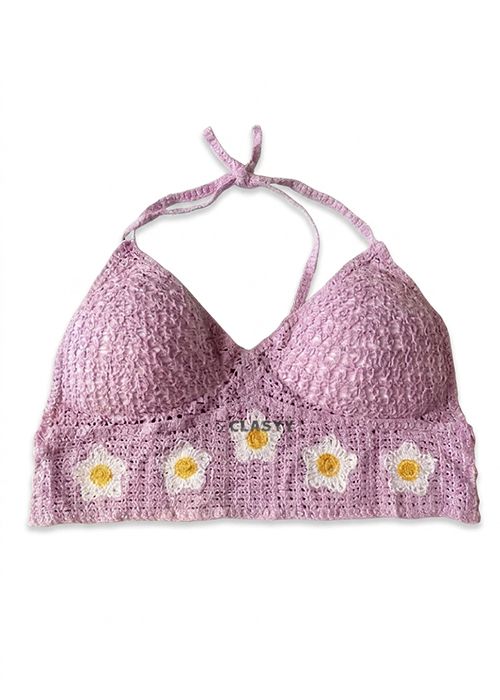 Women’s Crochet Halter Bralette Top with Floral Detail