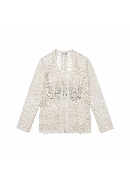 Beige Crochet Knit Long Sleeve Cardigan