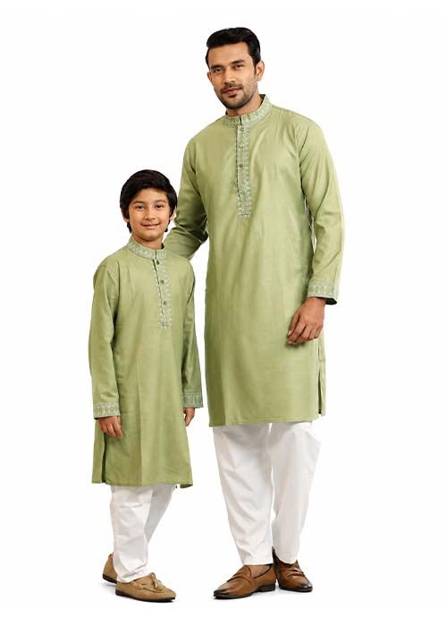 Matching Sage Green Embroidered Cotton Panjabi Set