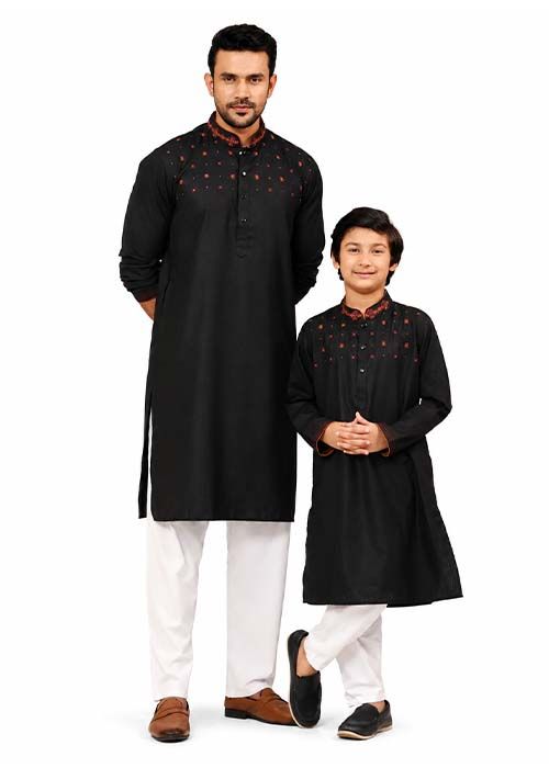 Matching Black Embroidered Cotton Panjabi Set