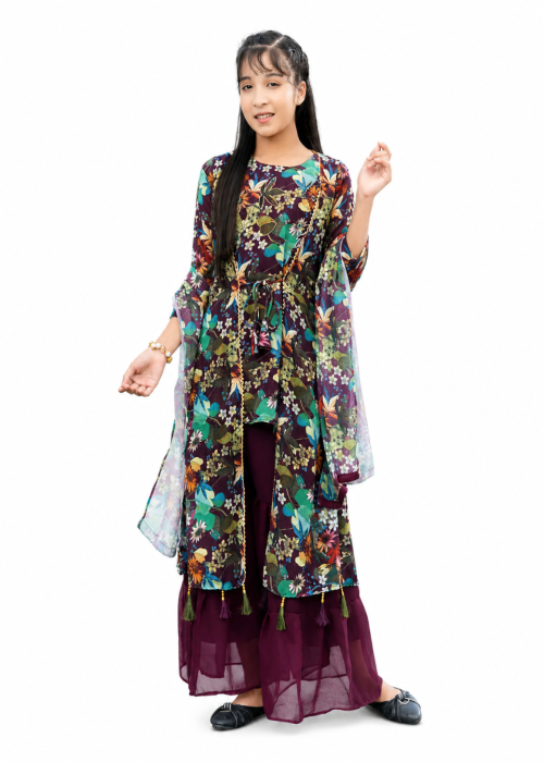 Girls Floral Printed Layered Palazzo Set