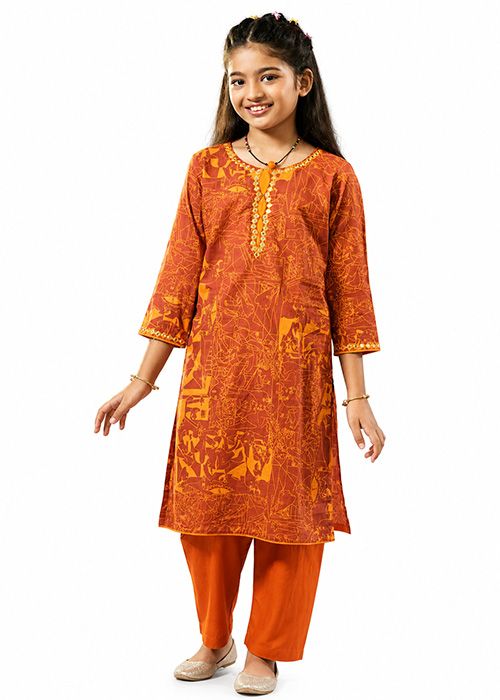 Rust Printed Girls Ethnic Kurti Set