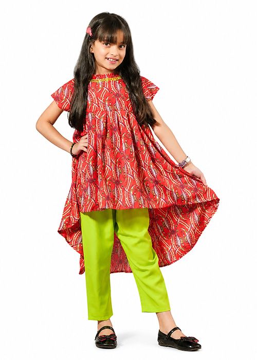 Red Printed Girls High Low Dress Set