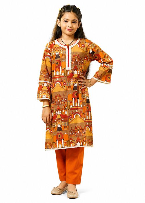 Orange Printed Girls Ethnic Kurti Set