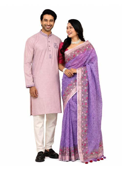 Couple Cotton Boutique Saree and Panjabi Set