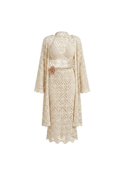 Beige Crochet Knit Long Skirt Beachwear Set